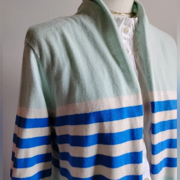 Talbots Cotton Cashmere Open Cardigan Stripe Blue Aqua Classic Size Large - Picture 6 of 15